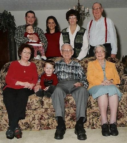 09_06_genhar.jpg - Steve holding Haley Marie (1), Jenny (Steve's wife), Gladys (my wife) and James Stanley (me)Martha Lee Dalton (my sister), Grover Stanley (92), James Hunter (3), Mattie (94) (June 2006 Issue)